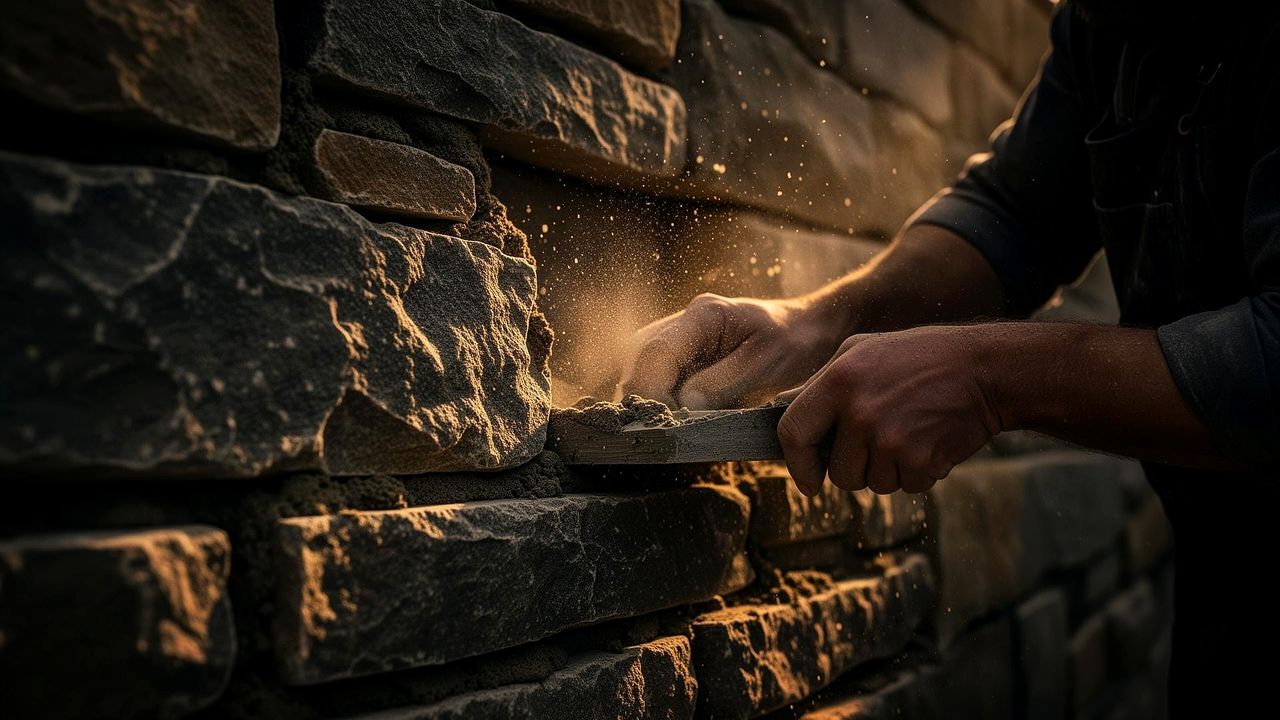 Mason hands setting natural stone