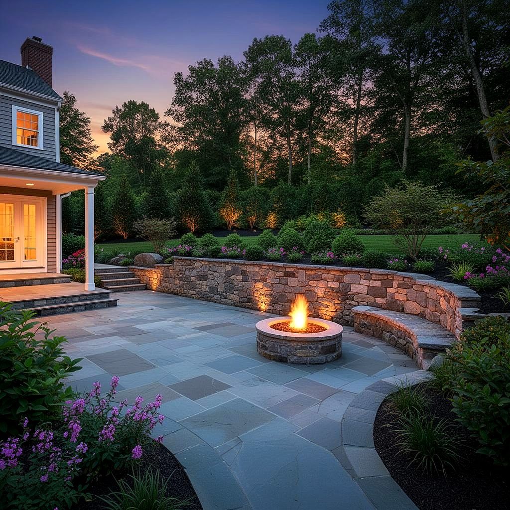 Bluestone outdoor room with stone wall and fire feature